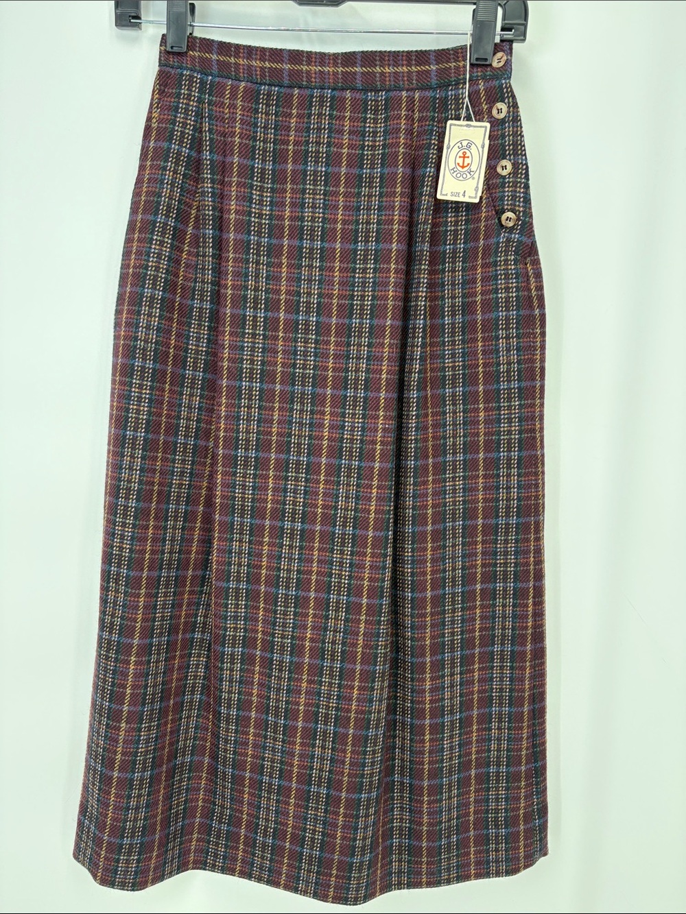 👑 nwt JG HookPlaid wool Midi Skirt in Burgundy Multi - Classic A-Line vintage - Picture 3 of 5